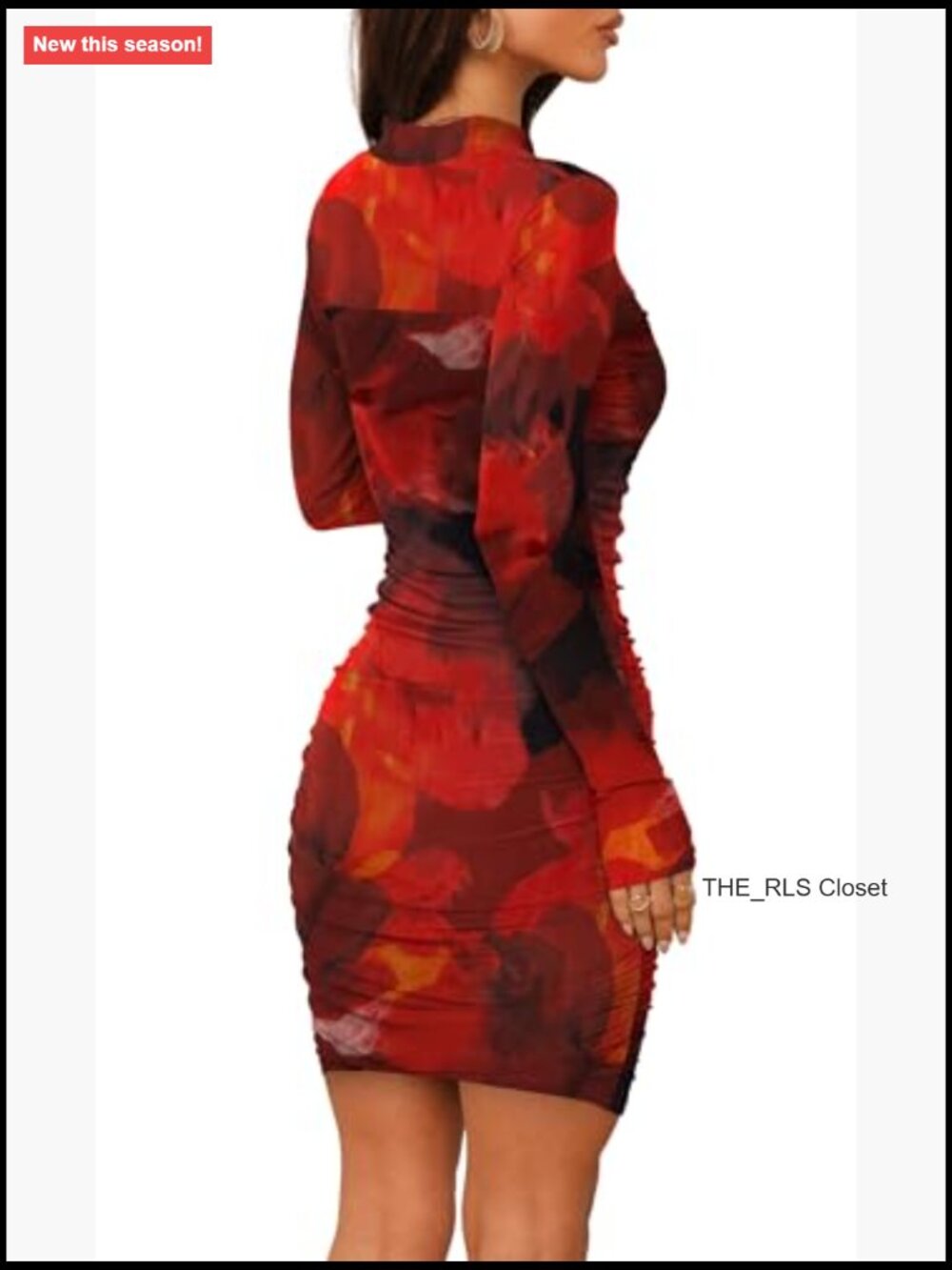 Mesh Sheer Long Sleeve Ruched Mini Dress Bodycon Mock Neck Cocktail Party Club - Picture 5 of 7